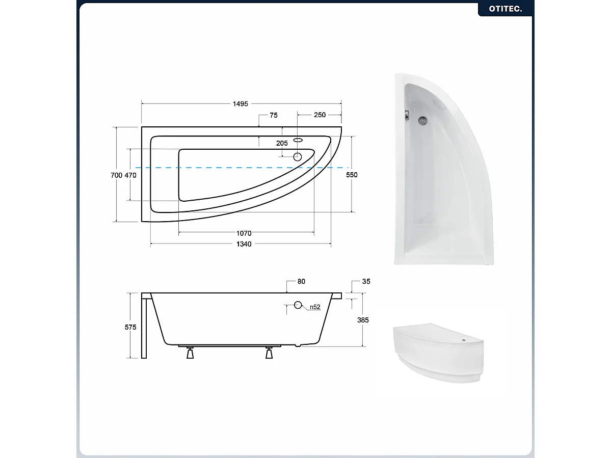 Baignoire asymétrique - 150 x 70 cm - Gauche - sans Habillage - avec Pieds - Vidage Chrome - PRAKTIKA