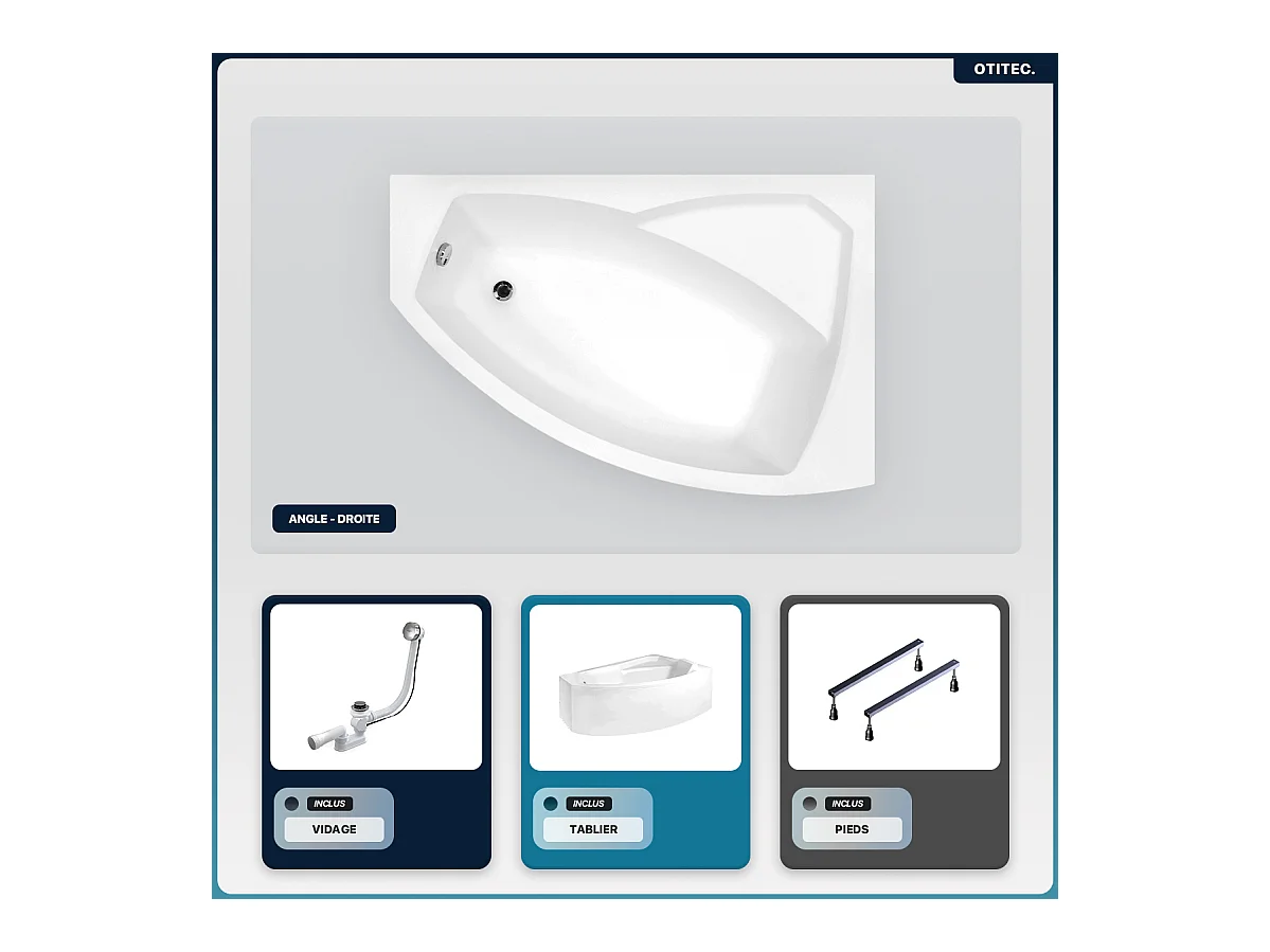 Baignoire asymétrique - 150 x 95 cm - Droite - avec Tablier - Pieds - Vidage Chrome - RIMA