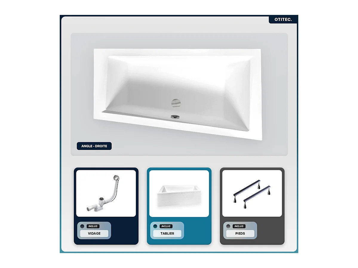 Baignoire asymétrique - 160 x 90 cm - Droite - avec Tablier - Pieds - Vidage Chrome - INTIMA