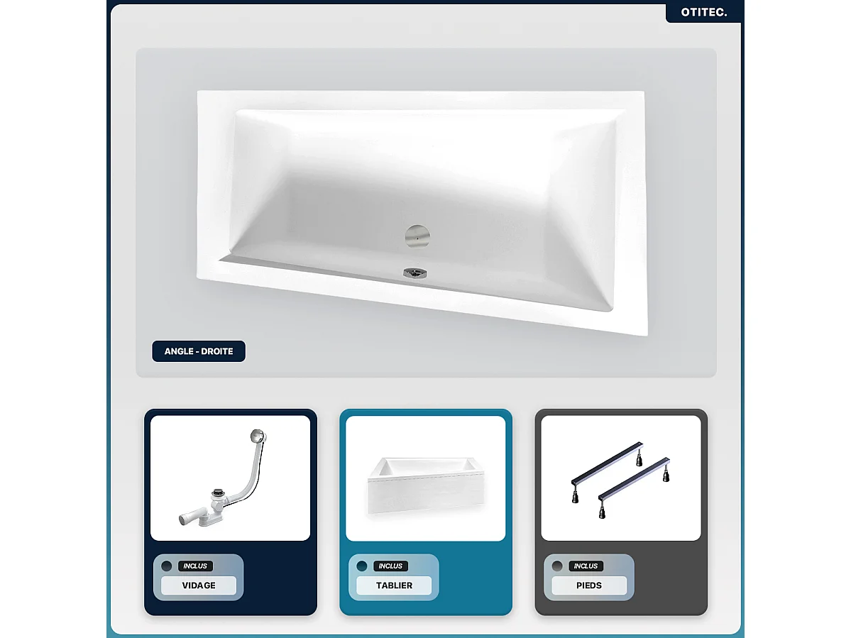 Baignoire asymétrique - 160 x 90 cm - Droite - avec Tablier - Pieds - Vidage Chrome - INTIMA