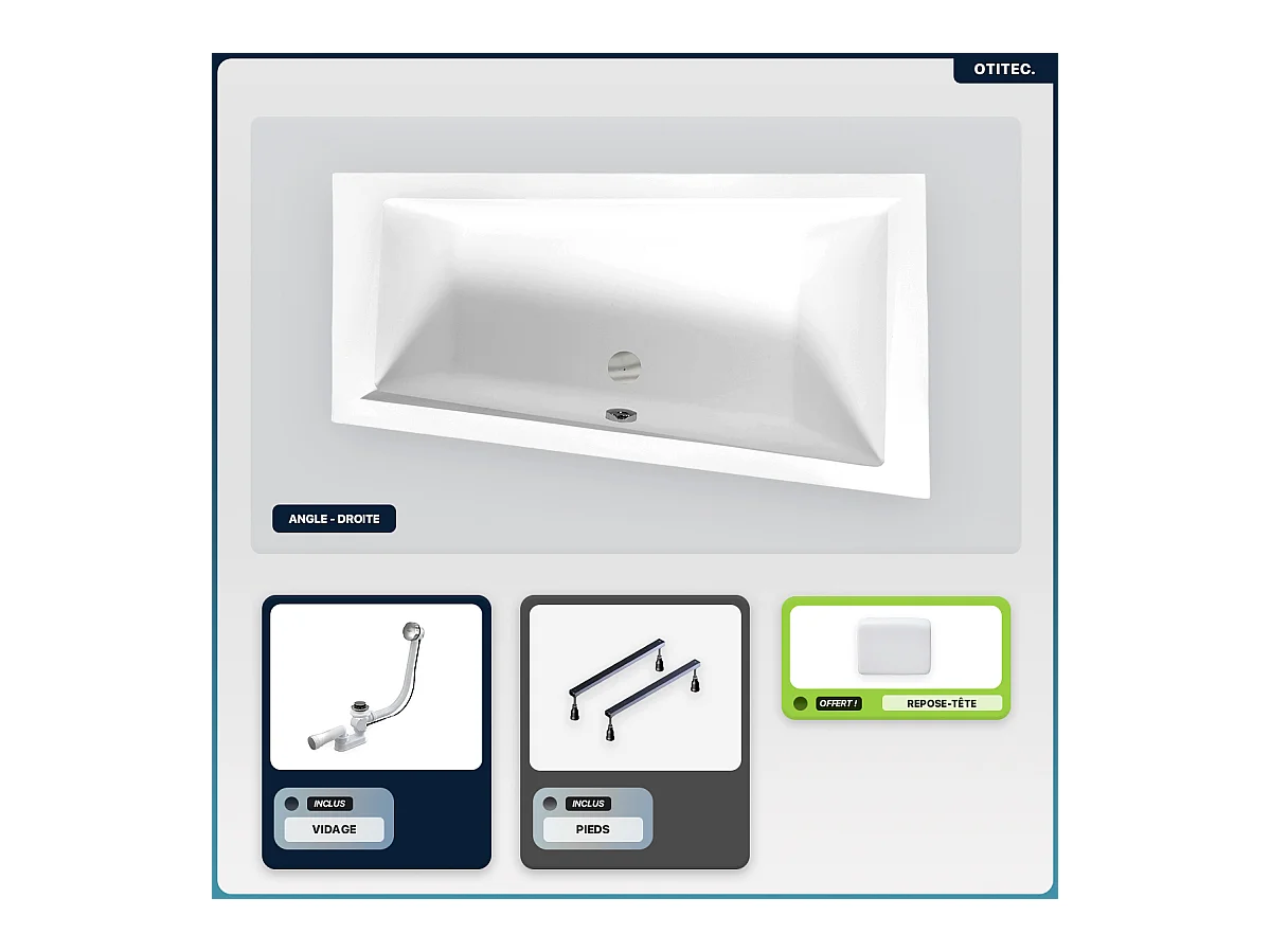 Baignoire asymétrique - 150 x 85 cm - Gauche - sans Habillage - avec Pieds - Repose-tête - Vidage Chrome - INTIMA