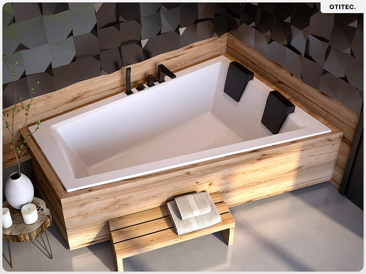 Baignoire asymétrique - 170 x 125 cm - Droite - avec Habillage - Pieds - 2 Repose-têtes - Vidage Chrome - INTIMA DUO SLIM