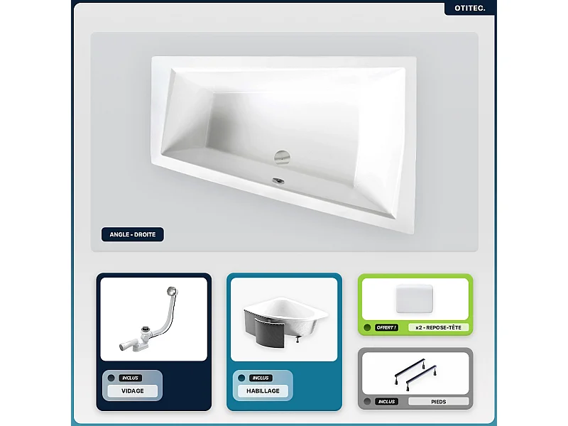Baignoire asymétrique - 170 x 125 cm - Droite - avec Habillage - Pieds - 2 Repose-têtes - Vidage Chrome - INTIMA DUO SLIM