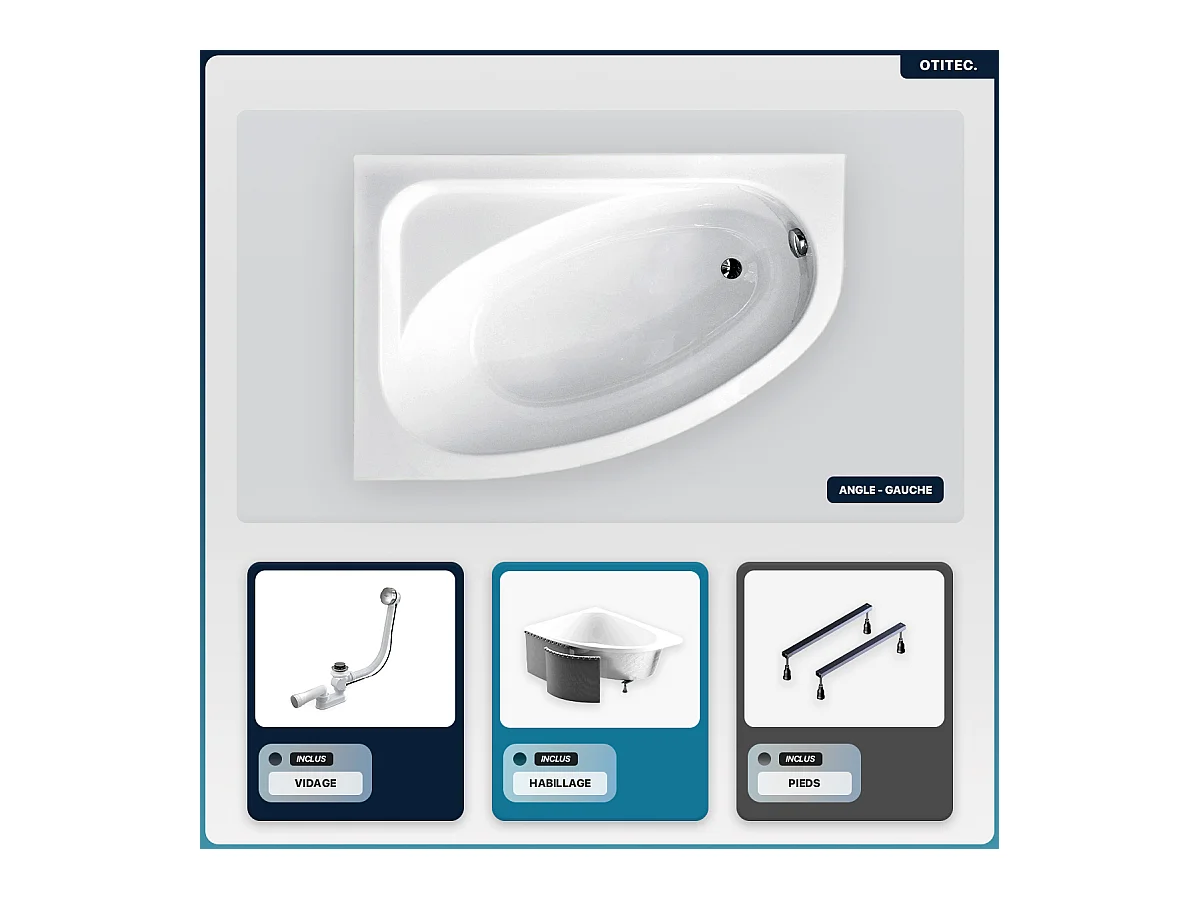 Baignoire asymétrique - 150 x 100 cm - Gauche - avec Habillage - Pieds - Vidage Chrome - CORNEA