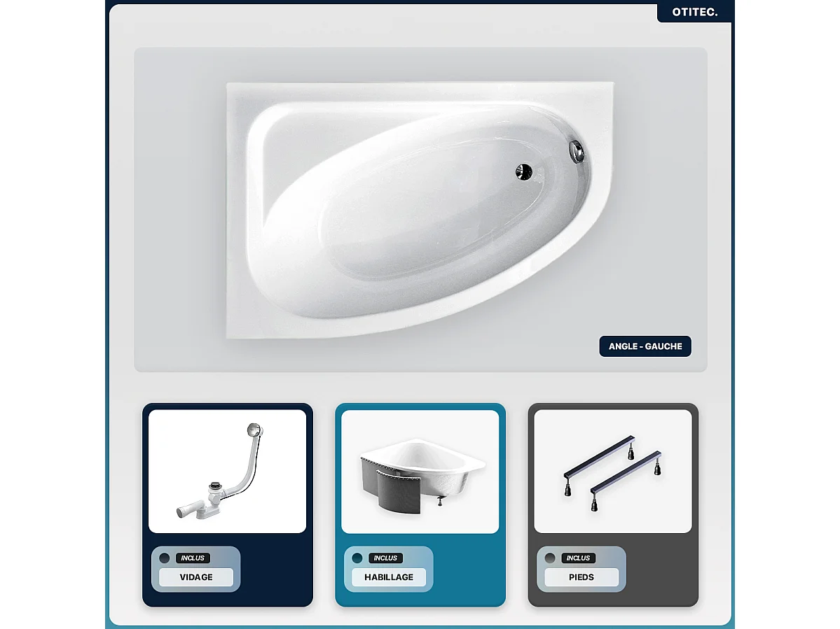 Baignoire asymétrique - 150 x 100 cm - Gauche - avec Habillage - Pieds - Vidage Chrome - CORNEA