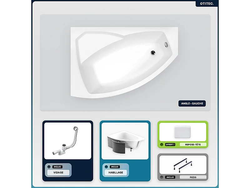 Baignoire asymétrique - 130 x 85 cm - Gauche - avec Habillage - Pieds - Repose-tête - Vidage Chrome - RIMA