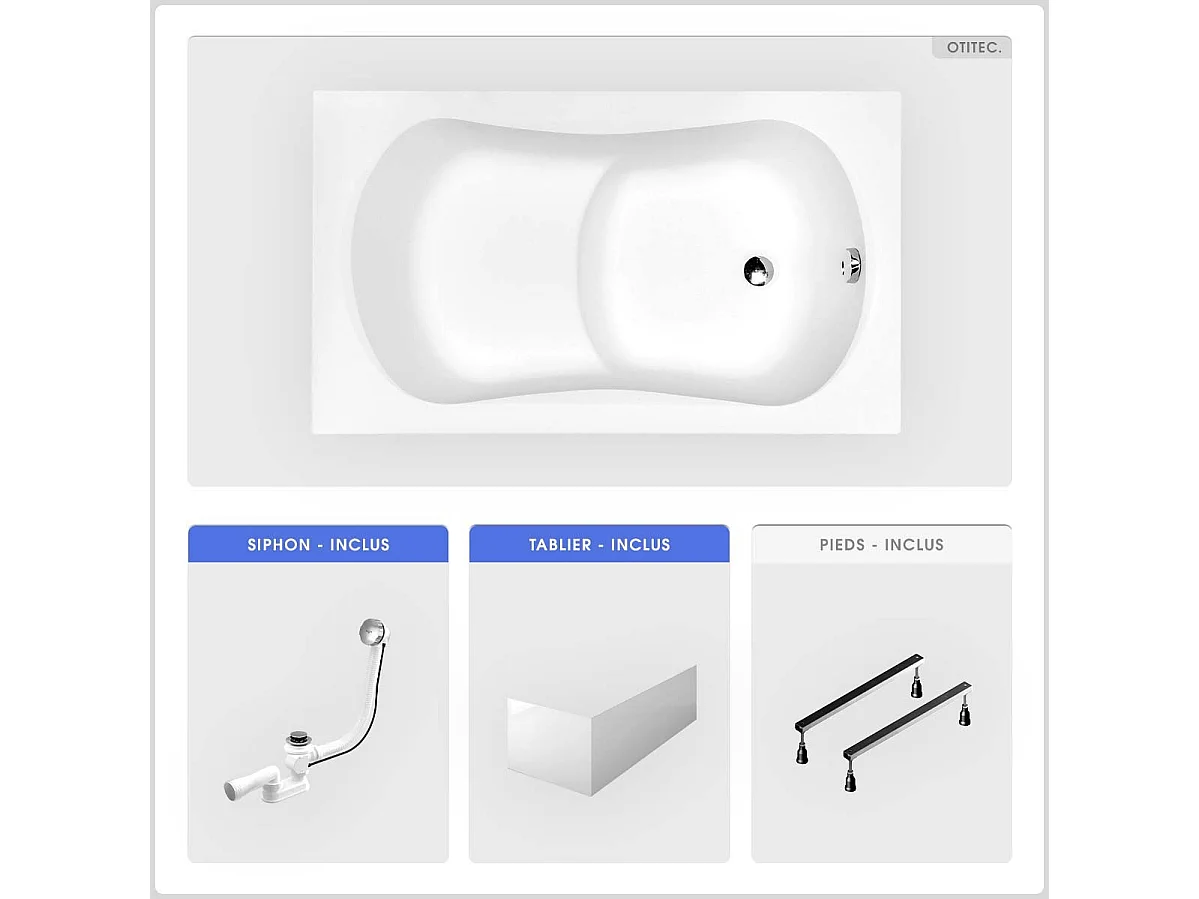 Baignoire rectangulaire - 120 x 70 cm - avec Tablier Blanc - Pieds - Poignées - Vidage Chrome - ARIA REHAB