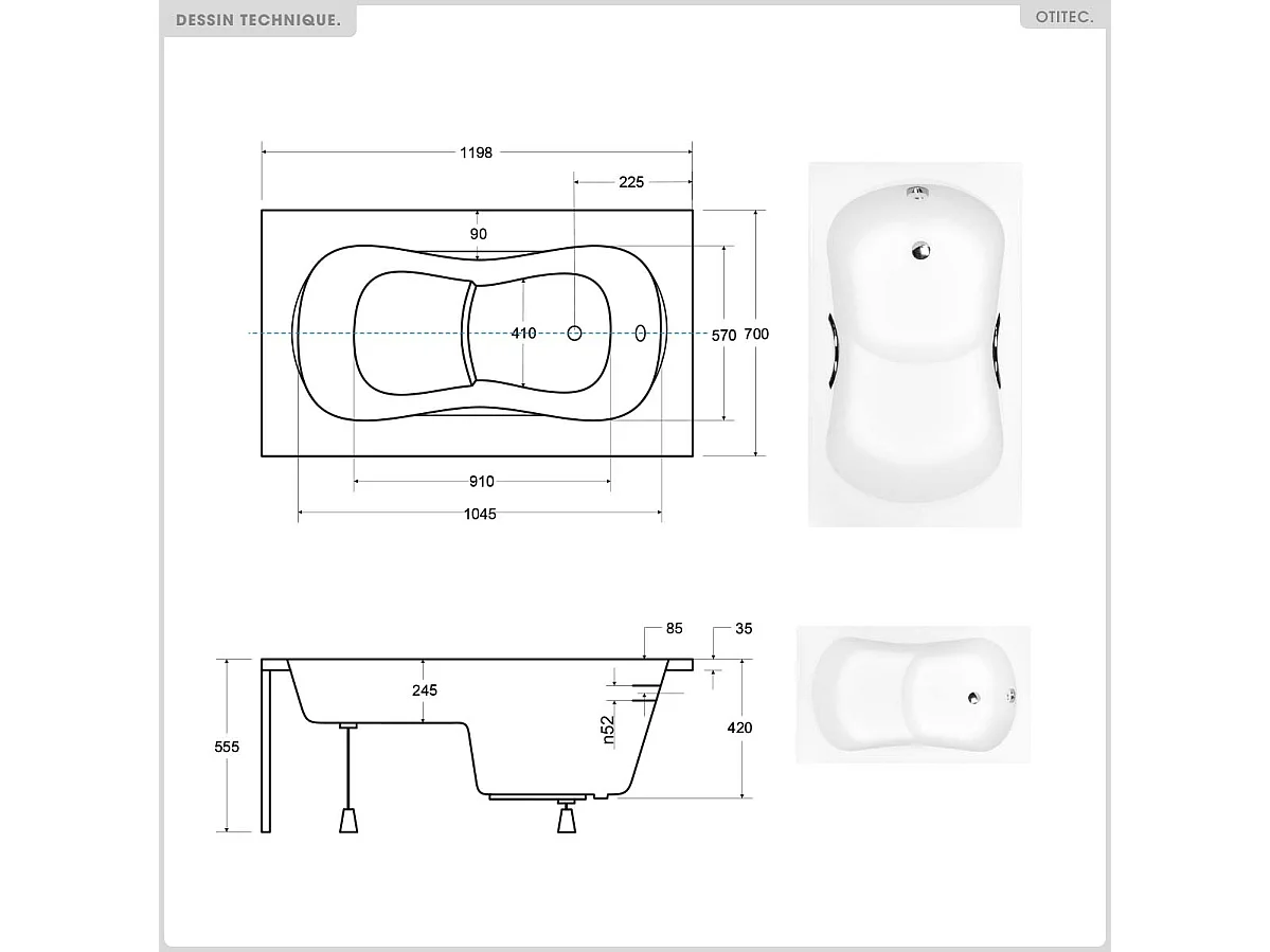 Baignoire rectangulaire - 120 x 70 cm - avec Tablier Blanc - Pieds - Poignées - Vidage Chrome - ARIA REHAB