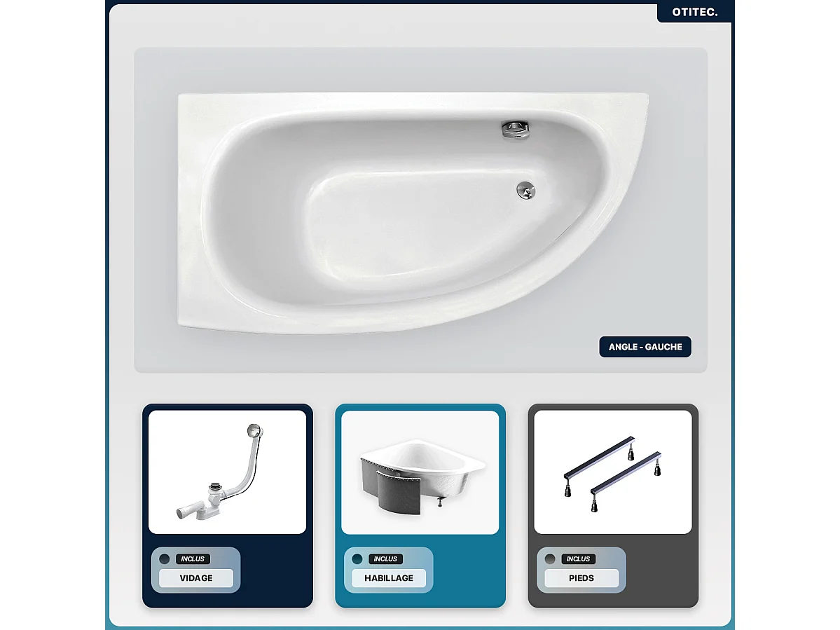 Baignoire asymétrique - 150 x 70 cm - Gauche - avec Habillage - Pieds - Poignées - Repose-tête - Vidage Chrome - MILENA PREMIUM