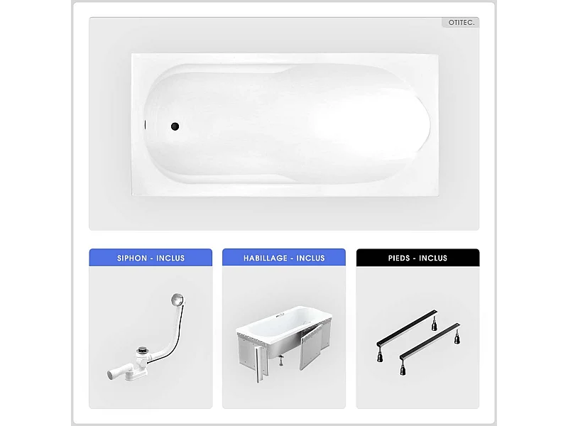 Baignoire rectangulaire - 190 x 80 cm - avec Habillage - Pieds - Vidage Chrome - BONA