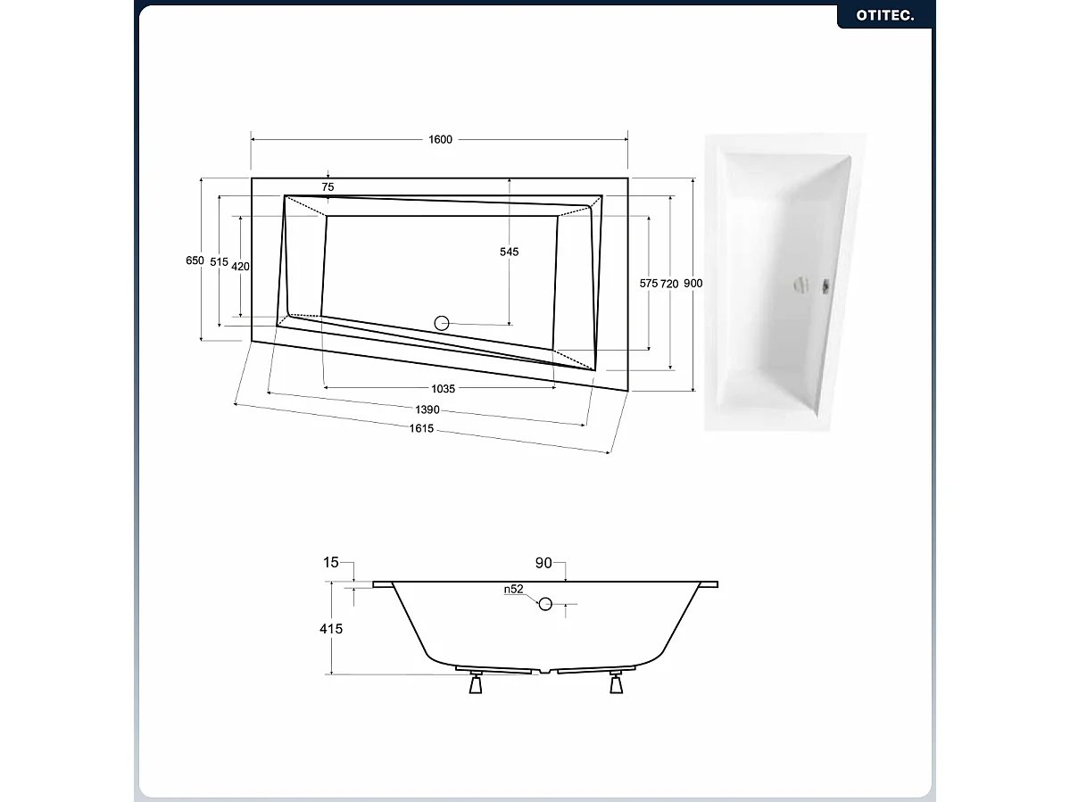 Baignoire asymétrique - 160 x 90 cm - Droite - avec Habillage - Pieds - Vidage Chrome - INTIMA SLIM