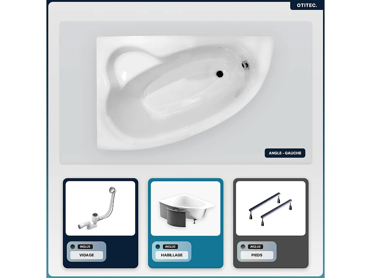 Baignoire asymétrique - 150 x 100 cm - Gauche - avec Habillage - Pieds - Vidage Chrome - NATALIA