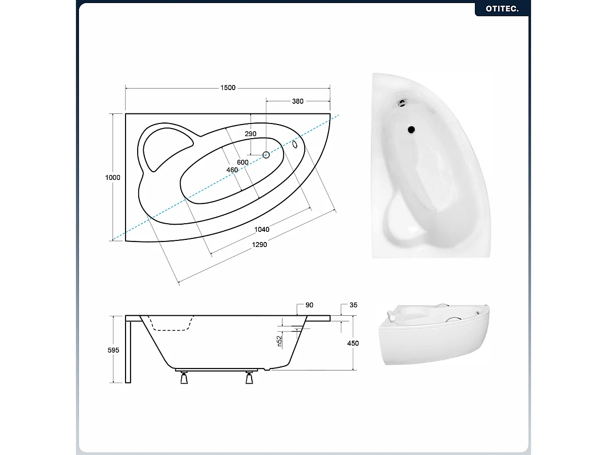 Baignoire asymétrique - 150 x 100 cm - Gauche - avec Habillage - Pieds - Vidage Chrome - NATALIA