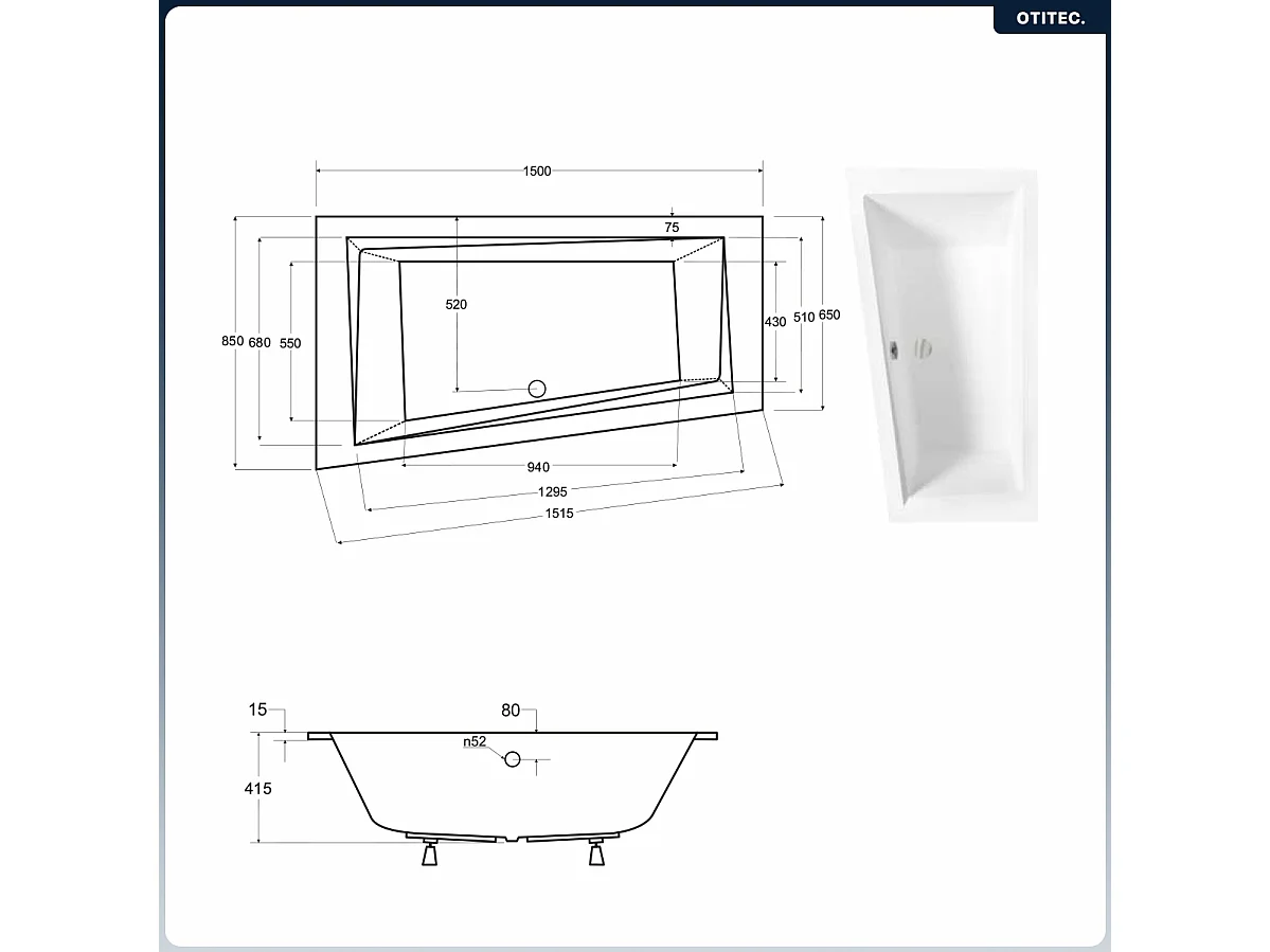 Baignoire asymétrique - 150 x 85 cm - Gauche - avec Habillage - Pieds - Vidage Chrome - INTIMA SLIM