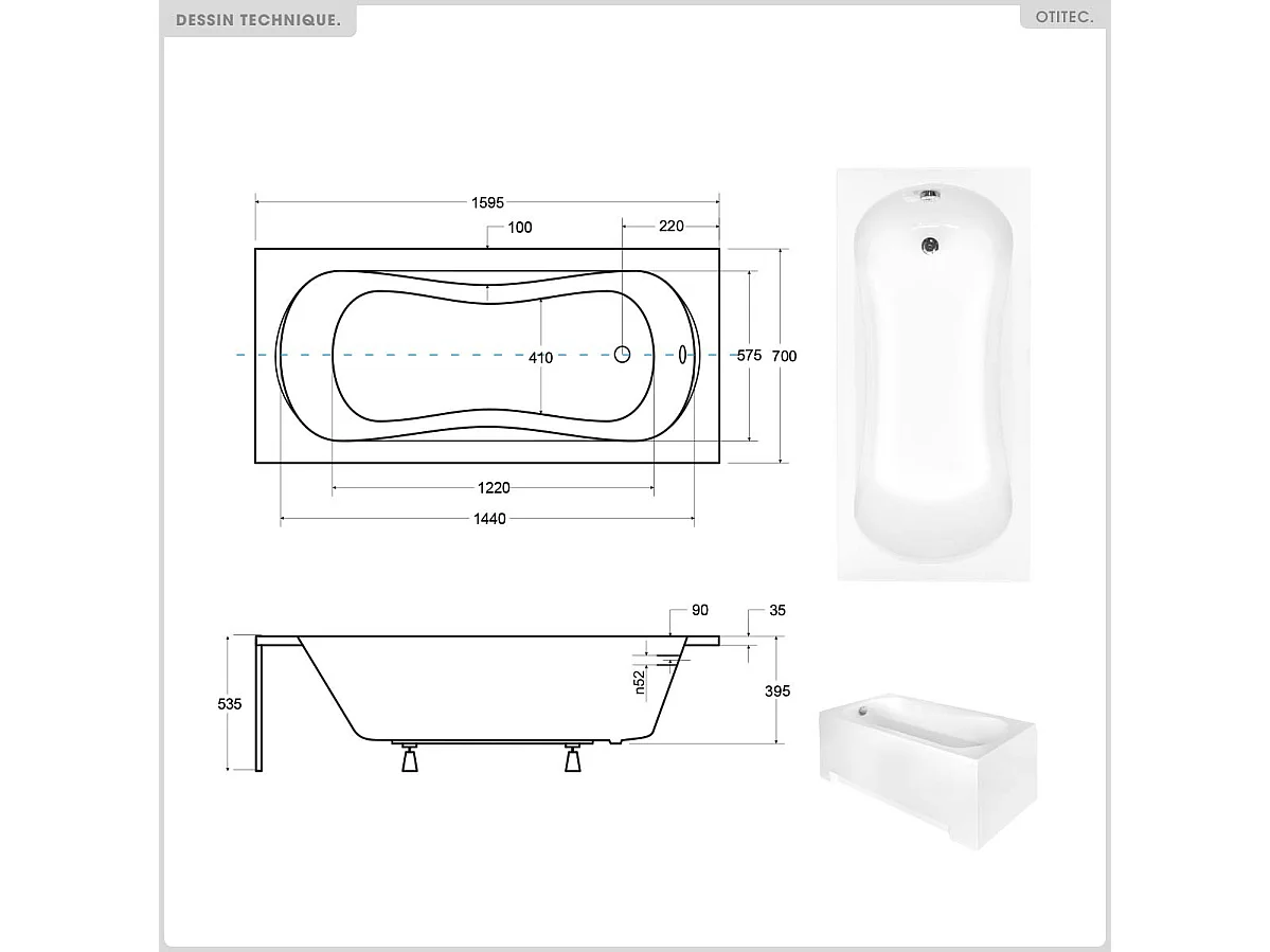 Baignoire rectangulaire - 160 x 70 cm - avec Habillage Polystyrène - Pieds - Vidage Chrome - ARIA