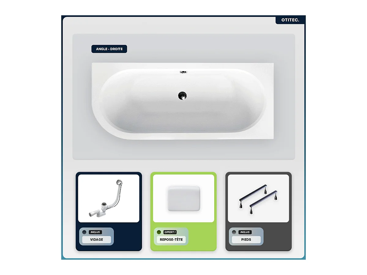 Baignoire asymétrique - 160 x 75 cm - Droite - sans Habillage - avec Pieds - Repose-tête - Vidage Chrome - AVITA