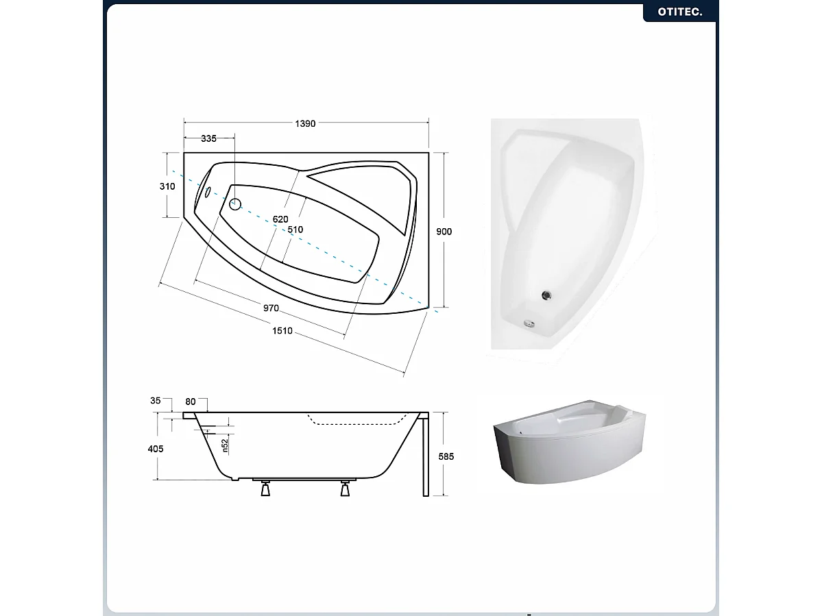 Baignoire asymétrique - 140 x 90 cm - Droite - sans Habillage - avec Pieds - Vidage Chrome - RIMA