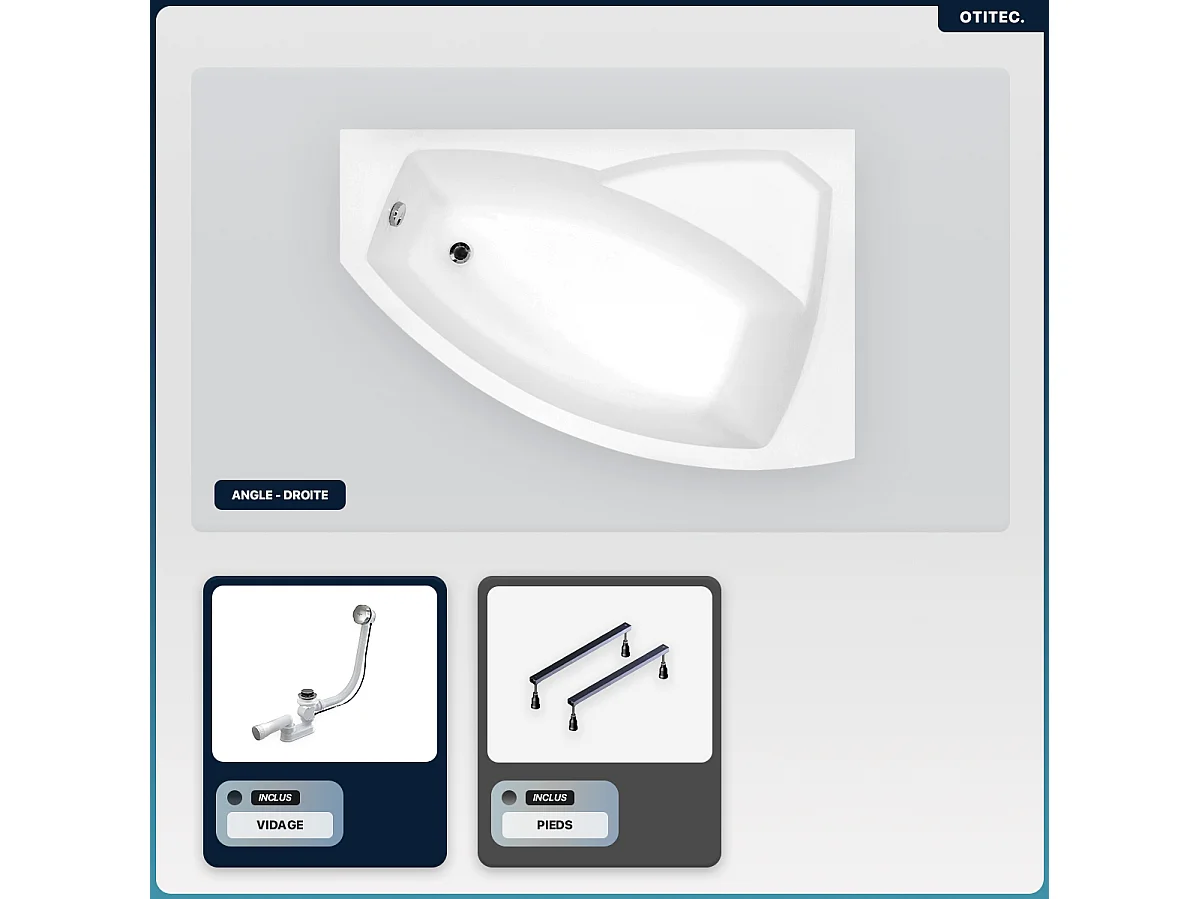 Baignoire asymétrique - 140 x 90 cm - Droite - sans Habillage - avec Pieds - Vidage Chrome - RIMA