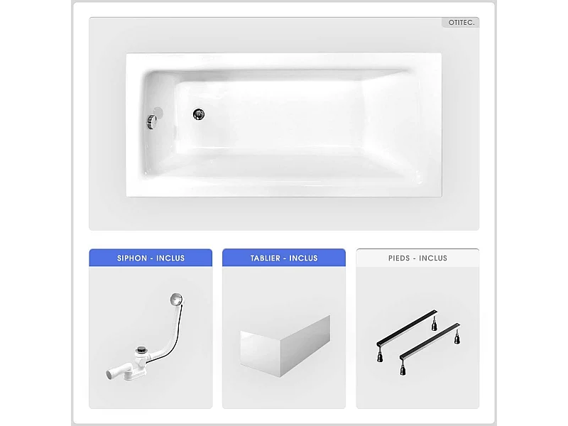 Baignoire rectangulaire - 110 x 70 cm - avec Tablier Blanc - Pieds - Vidage Chrome - TALIA