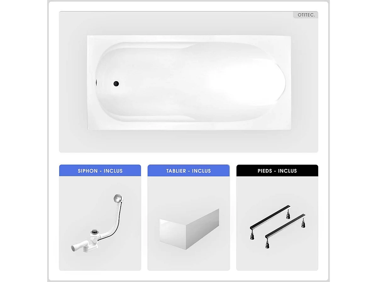 Baignoire rectangulaire - 170 x 70 cm - avec Tablier Blanc - Pieds - Vidage Chrome - BONA