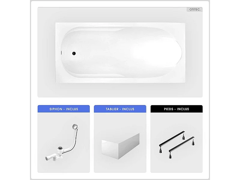 Baignoire rectangulaire - 170 x 70 cm - avec Tablier Blanc - Pieds - Vidage Chrome - BONA