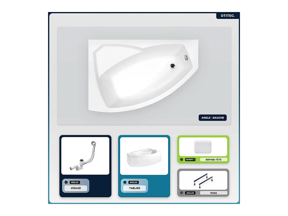Baignoire asymétrique - 150 x 95 cm - Gauche - avec Tablier - Pieds - Repose-tête - Vidage Chrome - RIMA