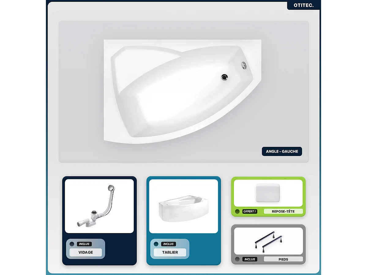 Baignoire asymétrique - 150 x 95 cm - Gauche - avec Tablier - Pieds - Repose-tête - Vidage Chrome - RIMA