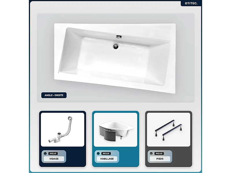 Baignoire asymétrique - 170 x 110 cm - Droite - avec Habillage - Pieds - Vidage Chrome - INFINITY