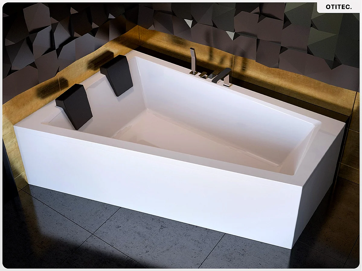 Baignoire asymétrique - 170 x 125 cm - Gauche - sans Habillage - avec Pieds - 2 Repose-têtes - Étagère bambou - Vidage Chrome - INTIMA DUO