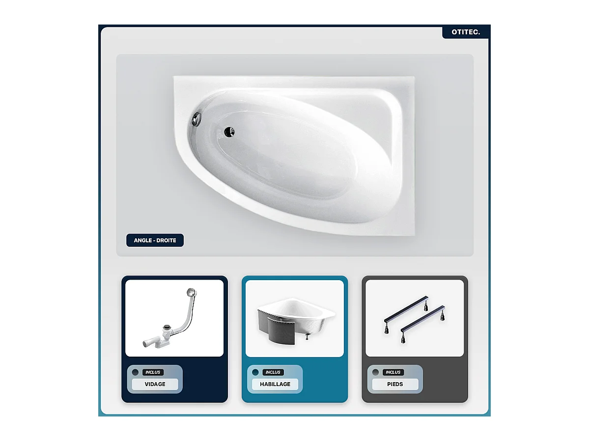 Baignoire asymétrique - 150 x 100 cm - Droite - avec Habillage - Pieds - Vidage Chrome - CORNEA