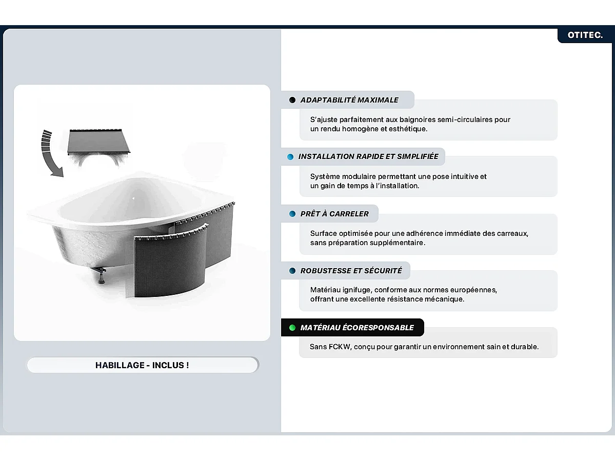 Baignoire asymétrique - 150 x 100 cm - Droite - avec Habillage - Pieds - Vidage Chrome - CORNEA