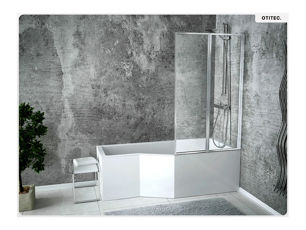 Baignoire asymétrique - 150 x 75 cm - Droite - avec Tablier - Pieds - Pare Baignoire 3 Volets - Vidage Chrome - INTEGRA