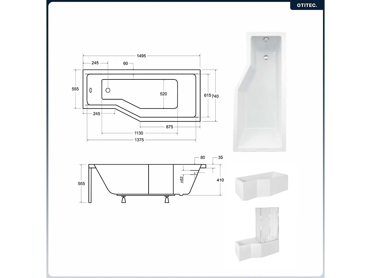 Baignoire asymétrique - 150 x 75 cm - Droite - avec Tablier - Pieds - Pare Baignoire 3 Volets - Vidage Chrome - INTEGRA