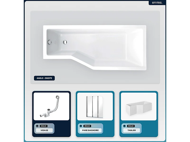 Baignoire asymétrique - 150 x 75 cm - Droite - avec Tablier - Pieds - Pare Baignoire 3 Volets - Vidage Chrome - INTEGRA