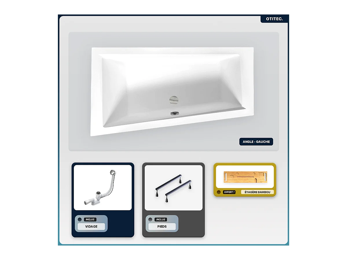 Baignoire asymétrique - 160 x 90 cm - Gauche - sans Habillage - avec Pieds - Étagère bambou - Vidage Chrome - INTIMA