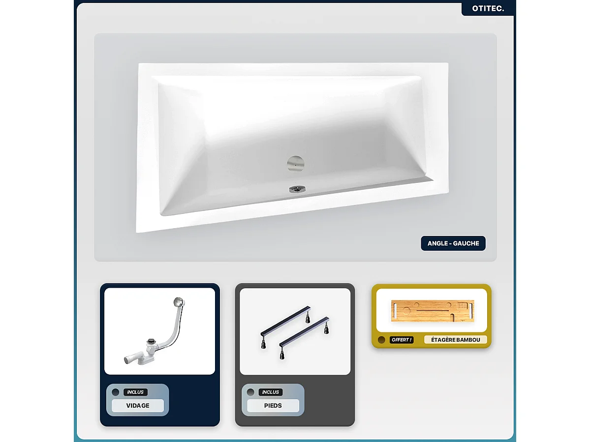 Baignoire asymétrique - 160 x 90 cm - Gauche - sans Habillage - avec Pieds - Étagère bambou - Vidage Chrome - INTIMA