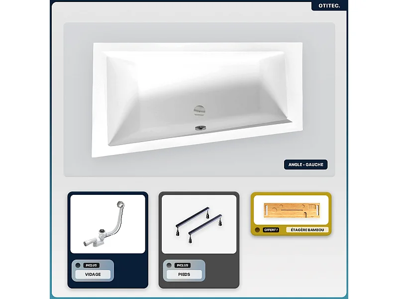 Baignoire asymétrique - 160 x 90 cm - Gauche - sans Habillage - avec Pieds - Étagère bambou - Vidage Chrome - INTIMA