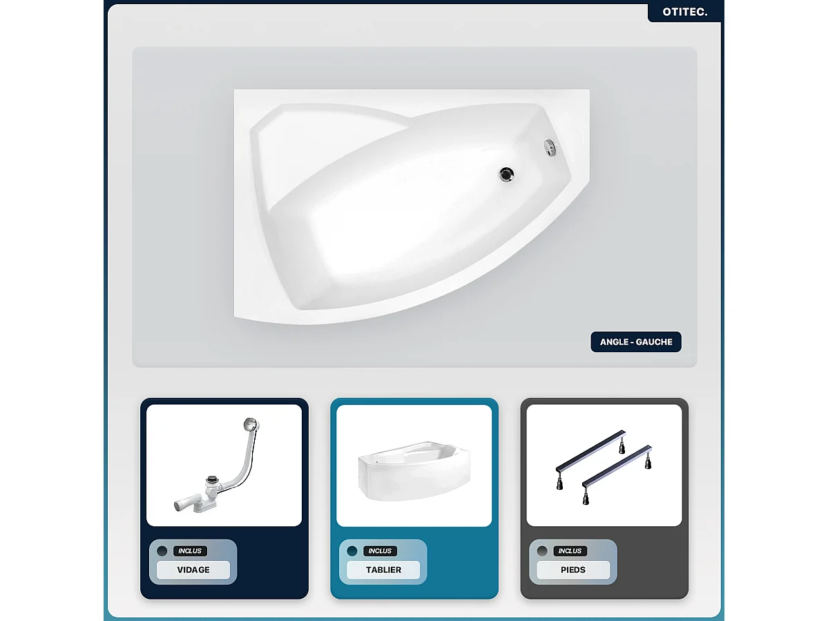 Baignoire asymétrique - 160 x 100 cm - Gauche - avec Tablier - Pieds - Vidage Chrome - RIMA