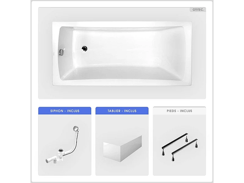Baignoire rectangulaire - 160 x 70 cm - avec Tablier Blanc - Pieds - Vidage Chrome - OPTIMA