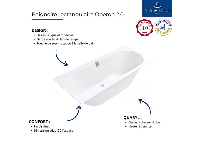 Baignoire droite 170 x 75 VILLEROY & BOCH Oberon 2.0 blanc mat