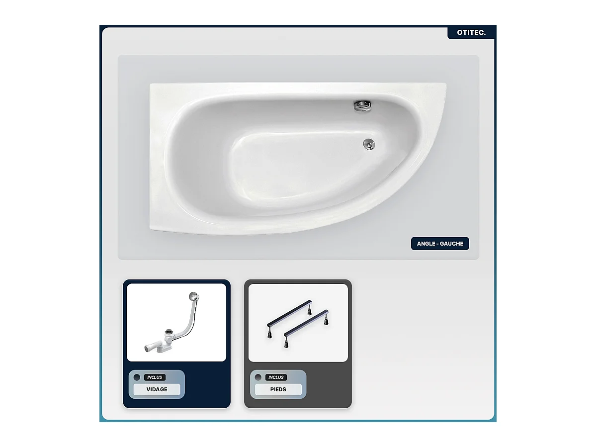 Baignoire asymétrique - 150 x 70 cm - Gauche - sans Habillage - avec Pieds - Vidage Chrome - MILENA