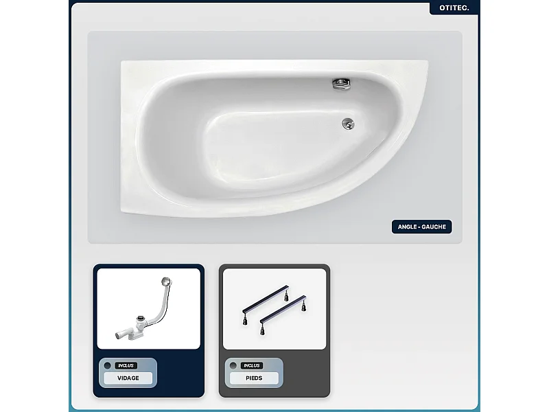 Baignoire asymétrique - 150 x 70 cm - Gauche - sans Habillage - avec Pieds - Vidage Chrome - MILENA