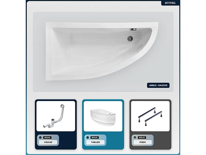 Baignoire asymétrique - 140 x 70 cm - Gauche - avec Tablier - Pieds - Vidage Chrome - PRAKTIKA