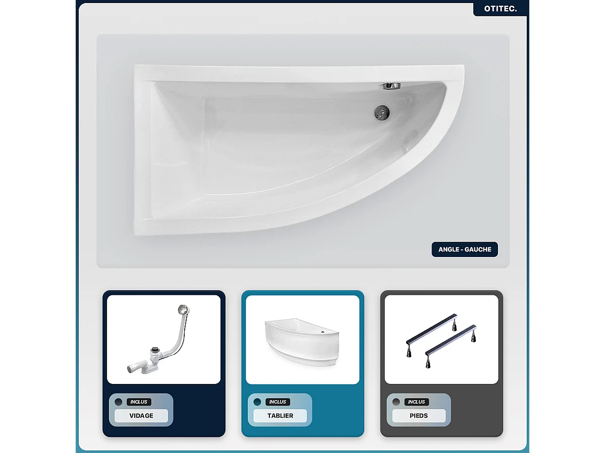 Baignoire asymétrique - 140 x 70 cm - Gauche - avec Tablier - Pieds - Vidage Chrome - PRAKTIKA