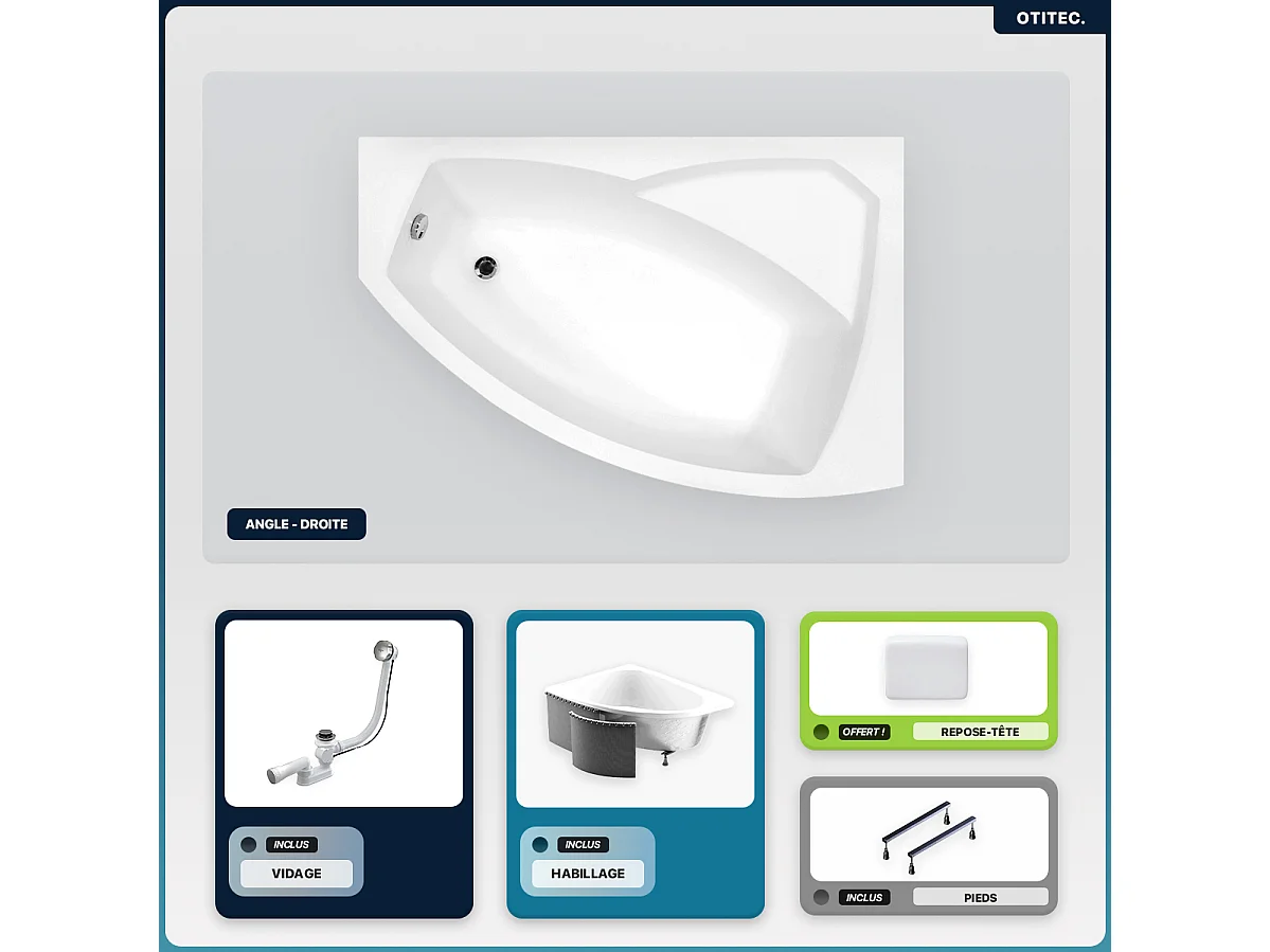 Baignoire asymétrique - 130 x 85 cm - Droite - avec Habillage - Pieds - Repose-tête - Vidage Chrome - RIMA