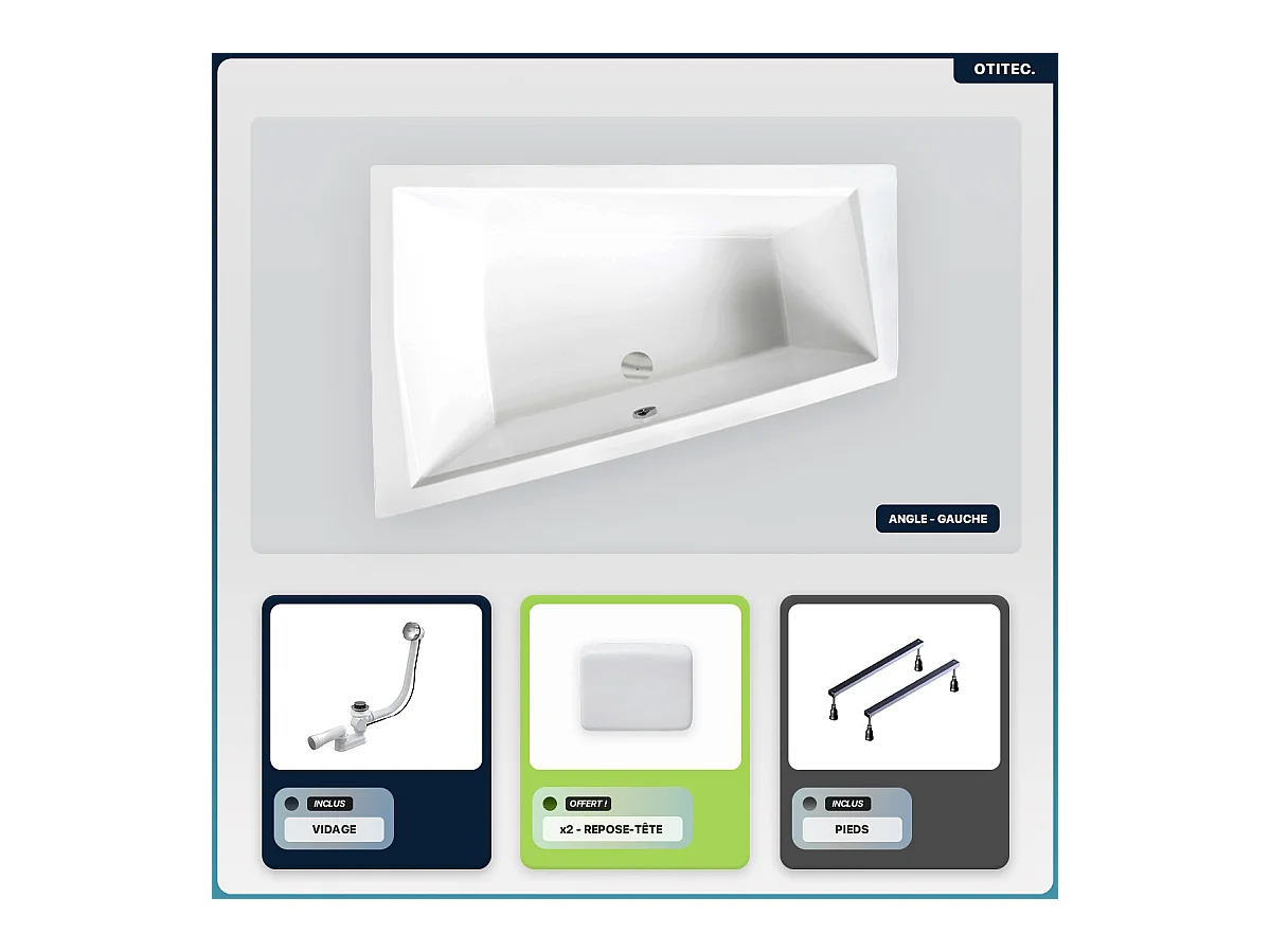 Baignoire asymétrique - 180 x 125 cm - Gauche - sans Habillage - avec Pieds - 2 Repose-têtes - Vidage Chrome - INTIMA DUO
