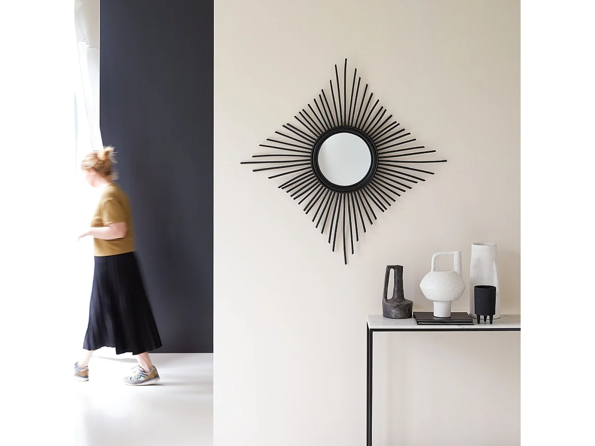 Spiegel aus Rattan 80 cm schwarz originell Rattan 30 cm Spiegelfäche