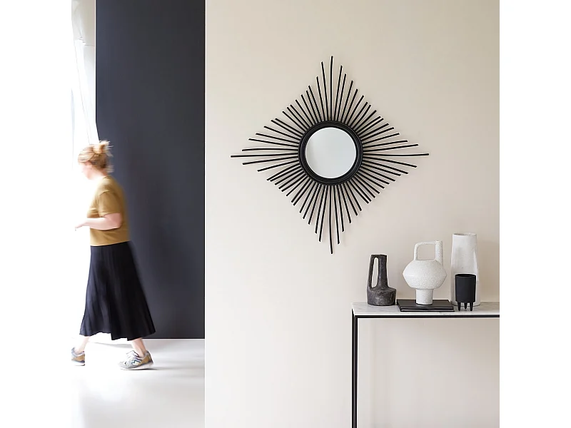 Spiegel aus Rattan 80 cm schwarz originell Rattan 30 cm Spiegelfäche