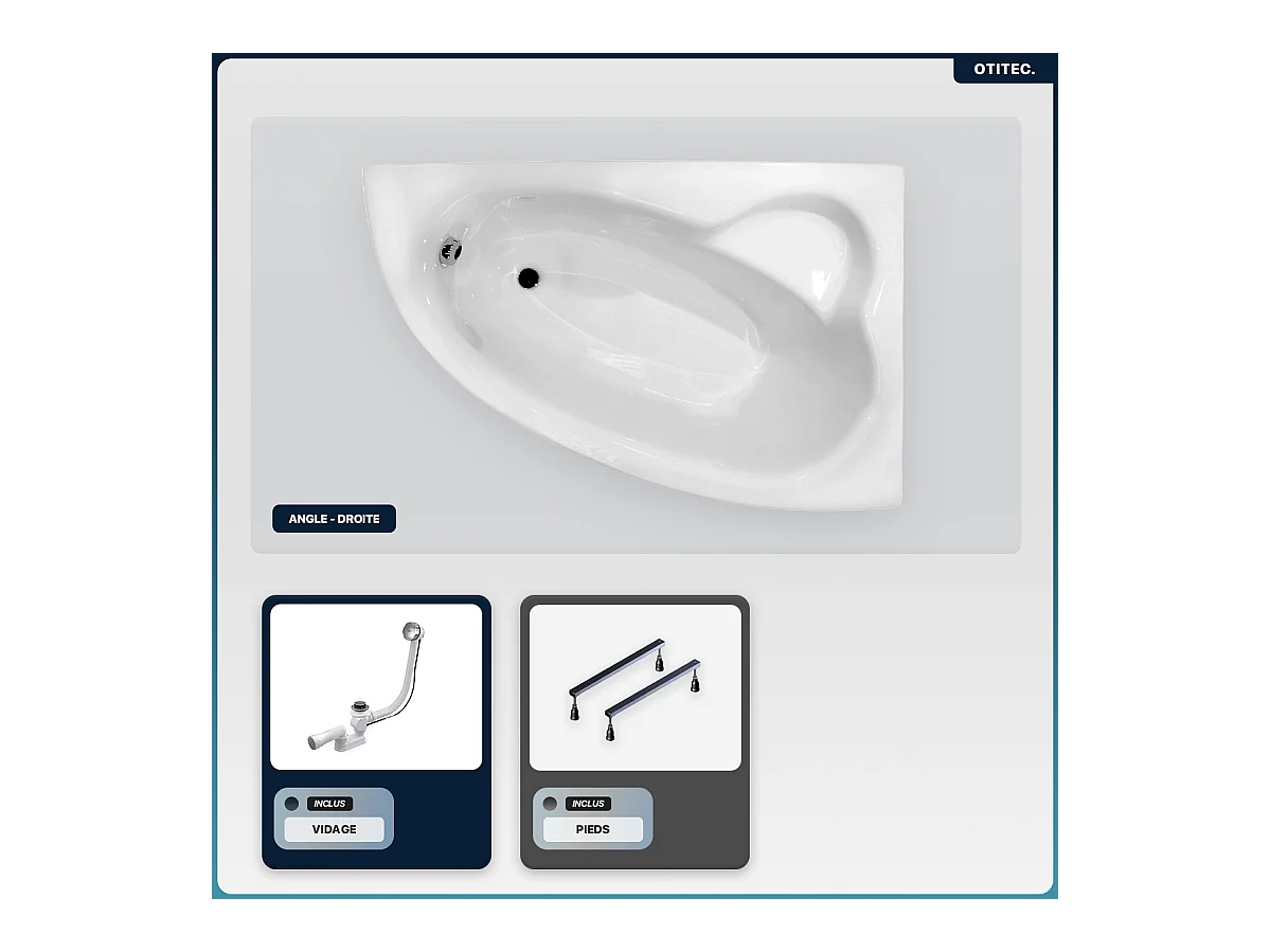 Baignoire asymétrique - 150 x 100 cm - Droite - sans Habillage - avec Pieds - Vidage Chrome - NATALIA
