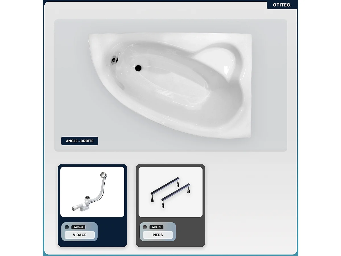 Baignoire asymétrique - 150 x 100 cm - Droite - sans Habillage - avec Pieds - Vidage Chrome - NATALIA